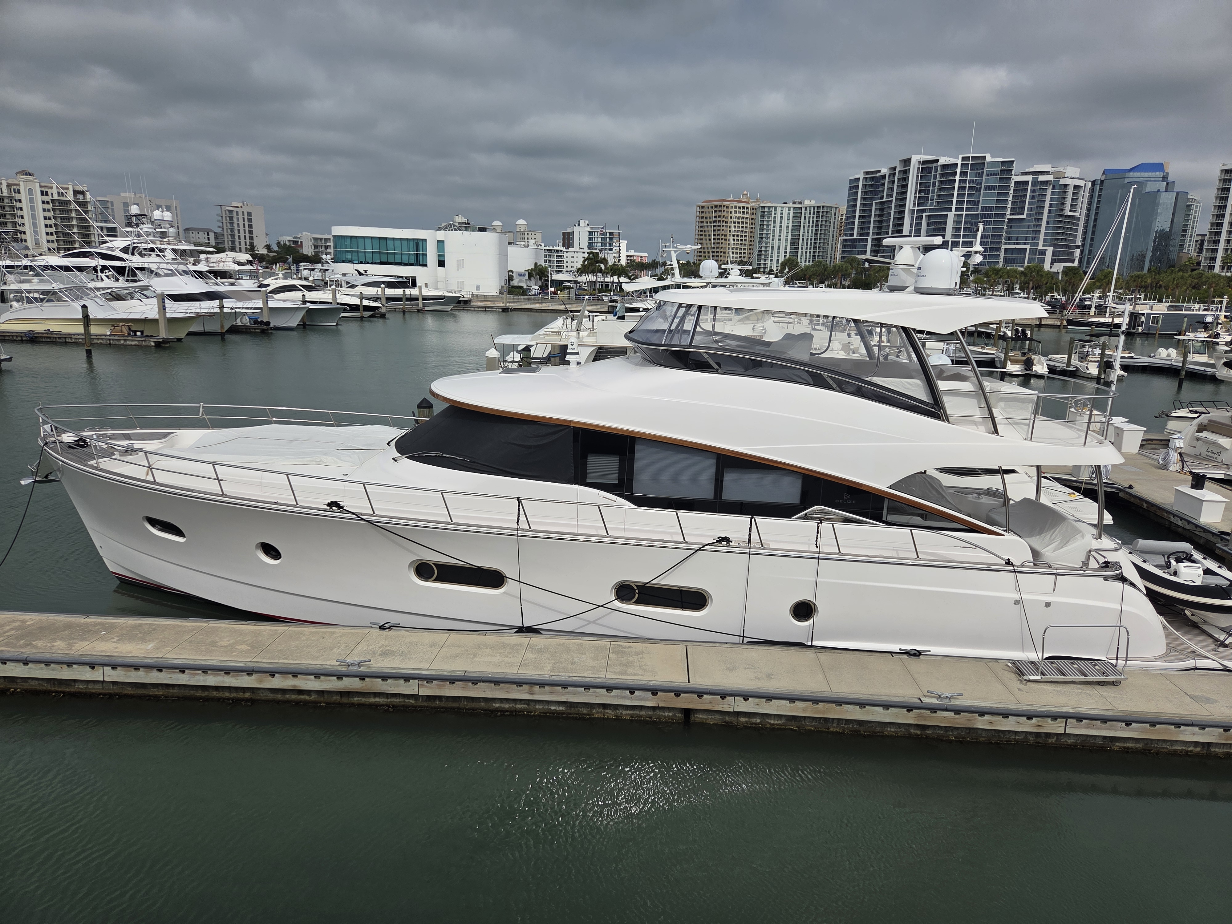 Prestige yacht docked at marina